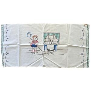 Vintage Hand Embroidered & Appliqued Table Runner Dresser Scarf Girl‎ Dog 20x40"
